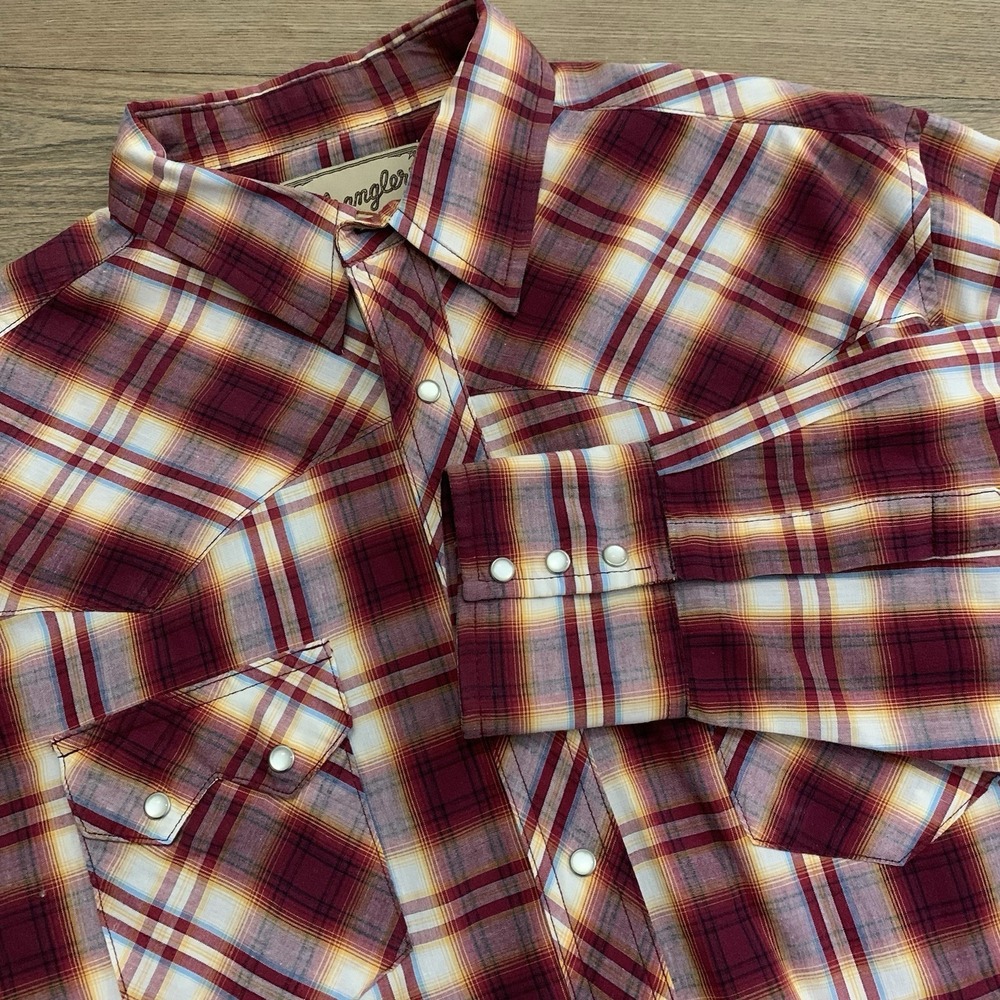 VTG Wrangler Men's Western Cowboy Pearl Snap Shirt XL Red Plaid Long Sleeve